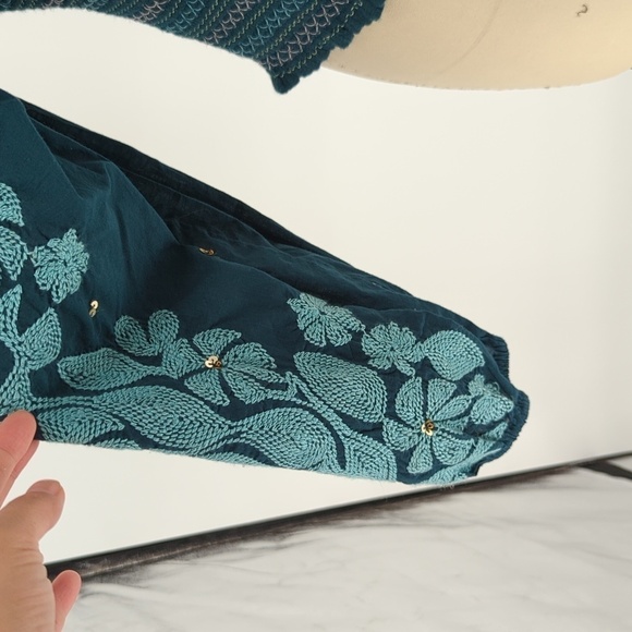 By Anthropologie Smock Balloon Sleeve Top Turquoise XS bohemian boho chic - Picture 4 of 8